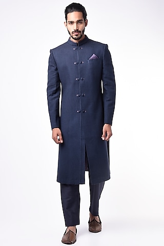 Navy Blue Matka Silk Sherwani by Bubber Couture