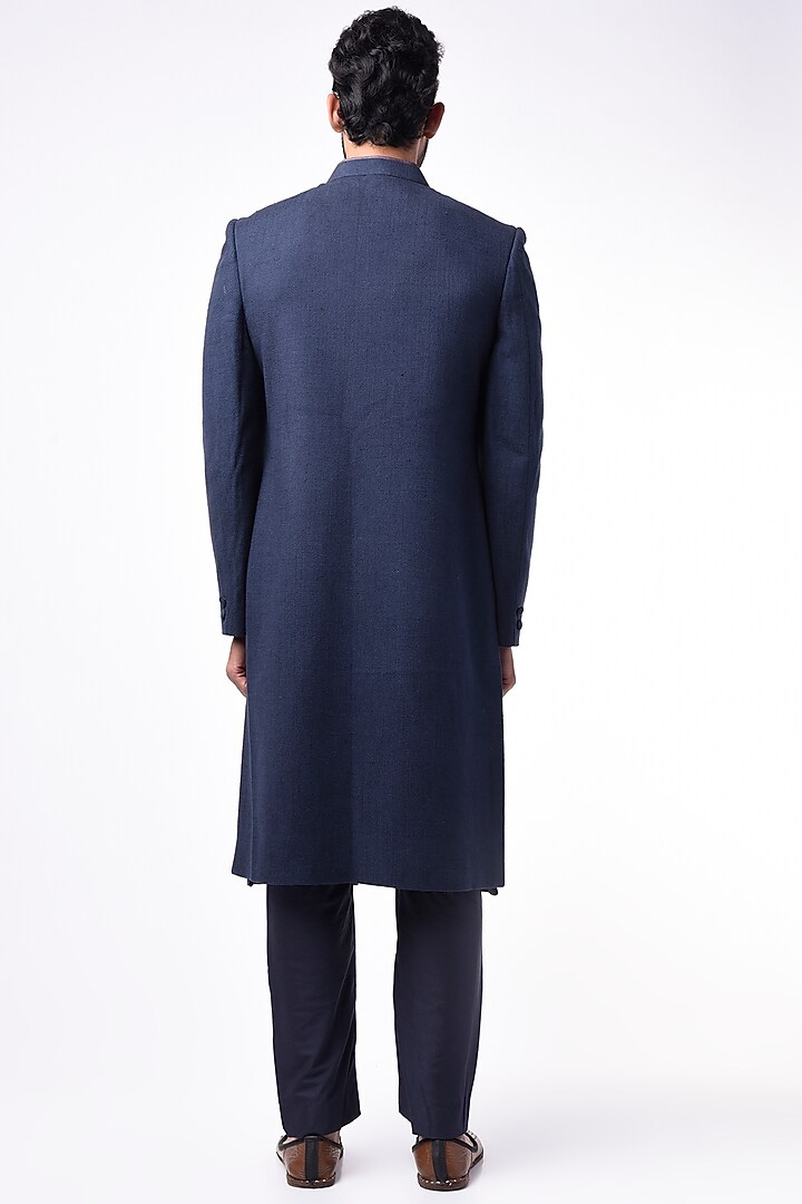 Navy Blue Matka Silk Wedding Sherwani by Bubber Couture at Pernia's Pop Up Shop