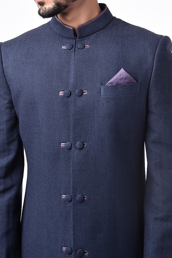 Navy Blue Matka Silk Wedding Sherwani by Bubber Couture at Pernia's Pop Up Shop