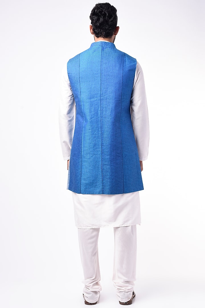 Cobalt Blue Jacquard Silk Wedding Indowestern by Bubber Couture at Pernia's Pop Up Shop
