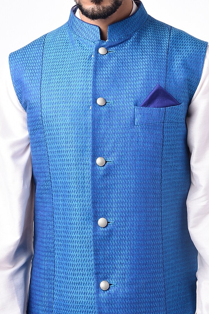 Cobalt Blue Jacquard Silk Wedding Indowestern by Bubber Couture at Pernia's Pop Up Shop
