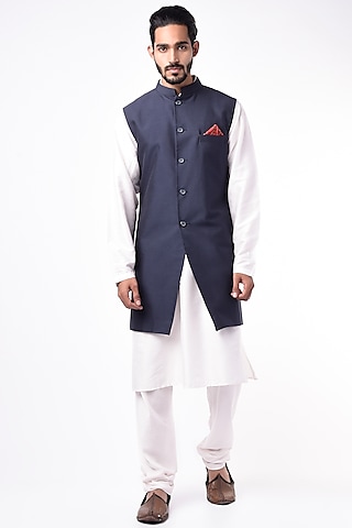 Navy Blue Cotton Silk Indowestern set by Bubber Couture