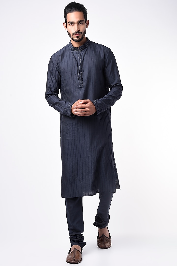 Navy Blue Pintuck Kurta Set by Bubber Couture