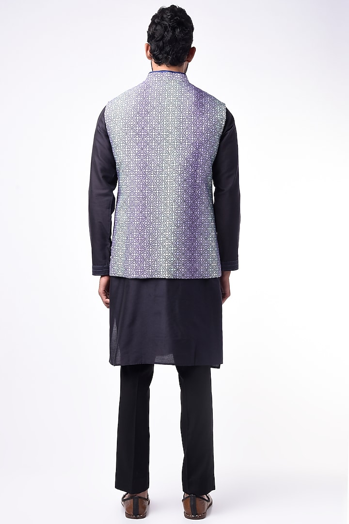 Lavender Flat Raw Silk Aztec Printed Bundi Jacket by Bubber Couture at Pernia's Pop Up Shop