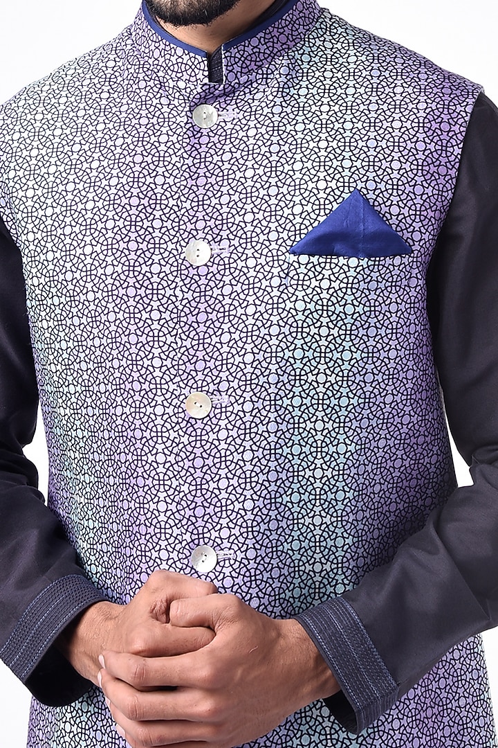 Lavender Flat Raw Silk Aztec Printed Bundi Jacket by Bubber Couture at Pernia's Pop Up Shop