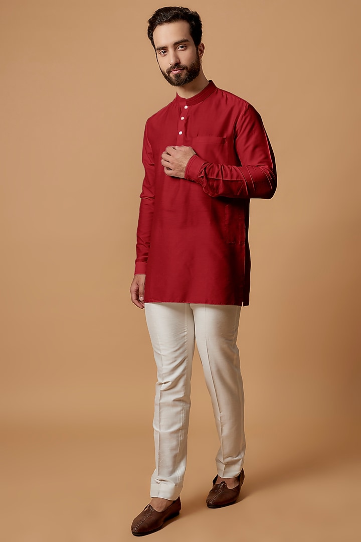 Red Cotton Silk Shirt Kurta by Bubber Couture at Pernia's Pop Up Shop