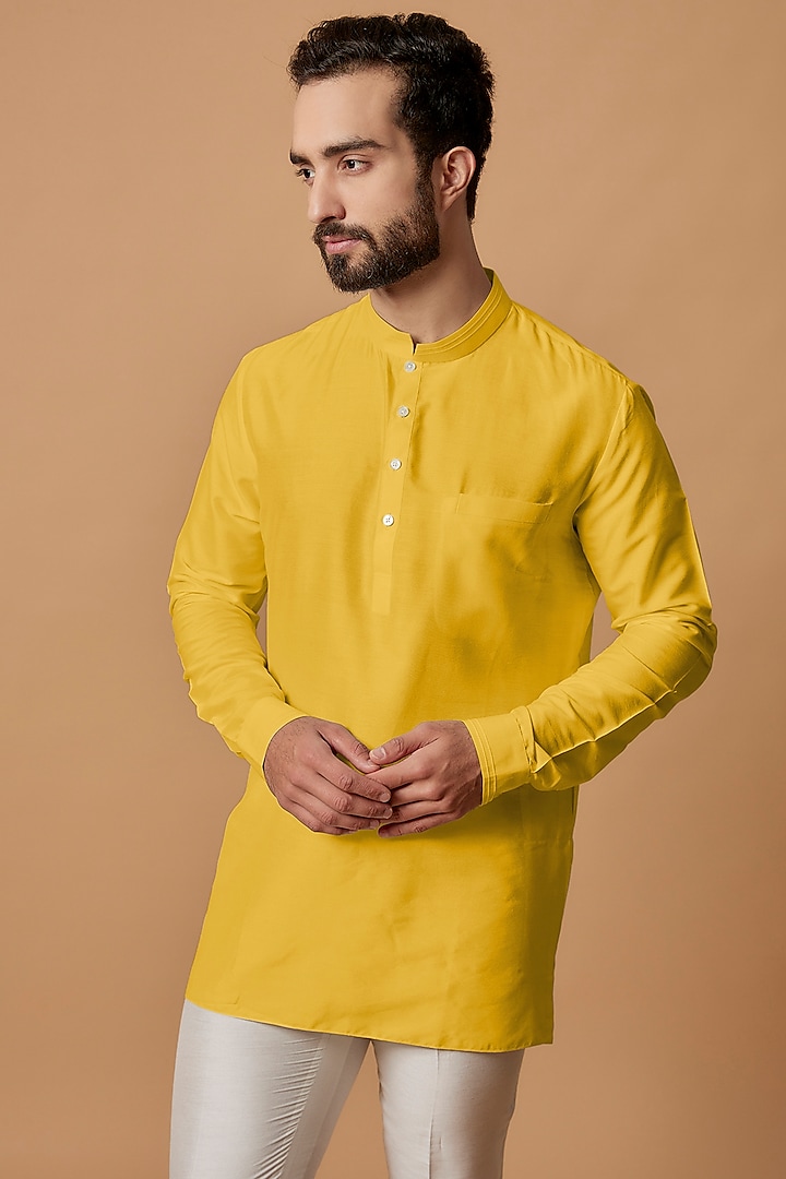 Yellow Cotton Silk Shirt Kurta by Bubber Couture