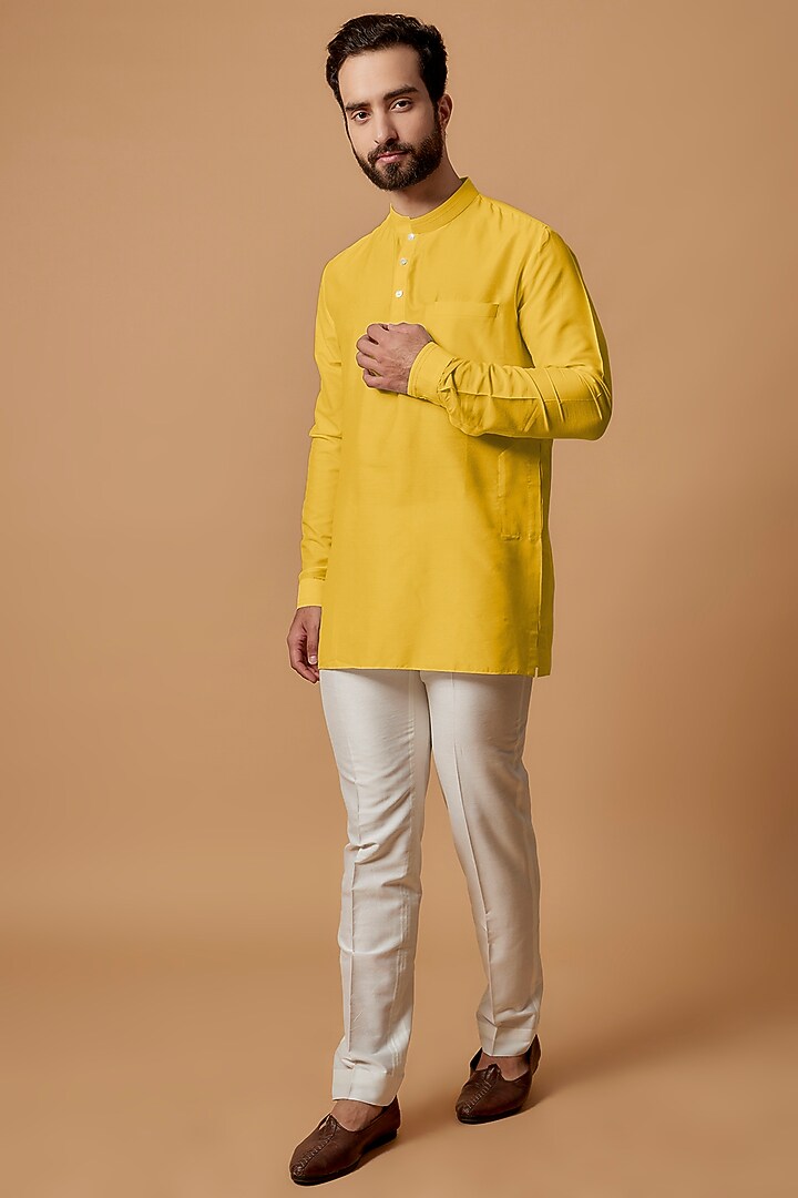 Yellow Cotton Silk Shirt Kurta by Bubber Couture at Pernia's Pop Up Shop