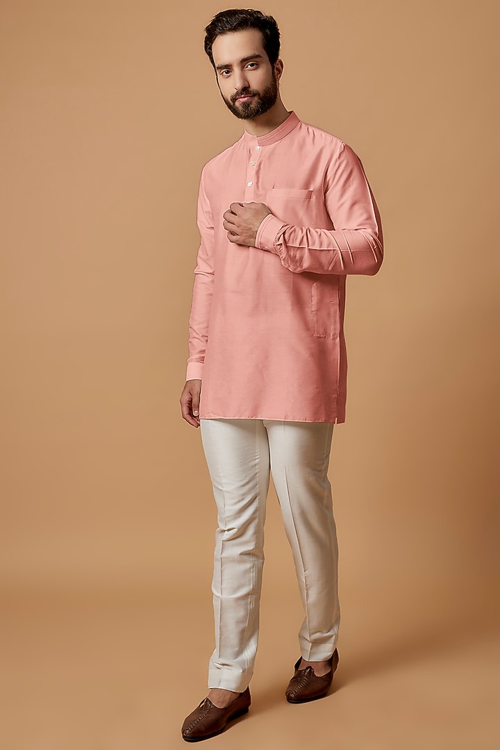 Salmon Pink Cotton Silk Shirt Kurta by Bubber Couture at Pernia's Pop Up Shop