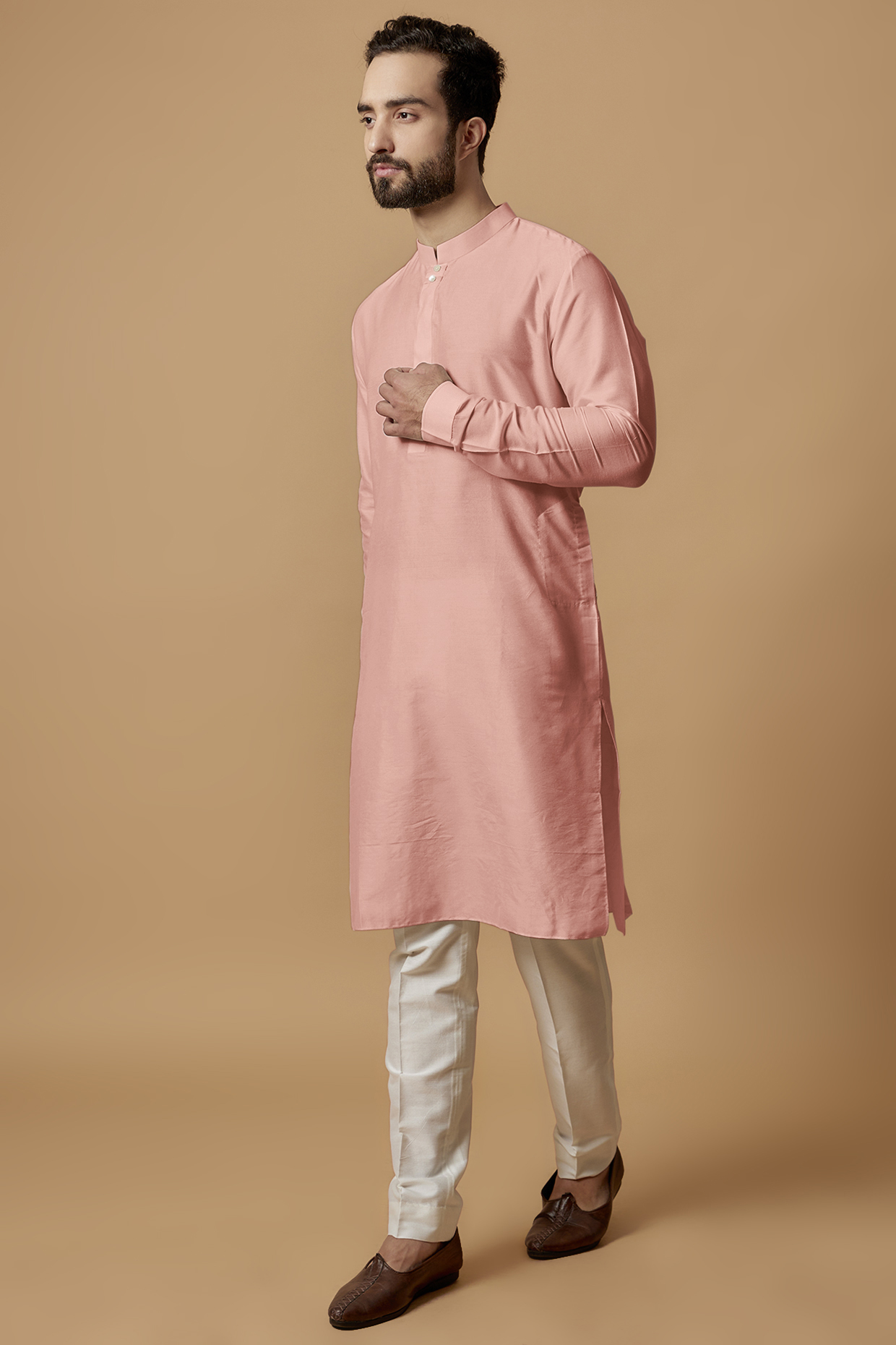 Salmon Pink Cotton Silk Kurta Set by Bubber Couture