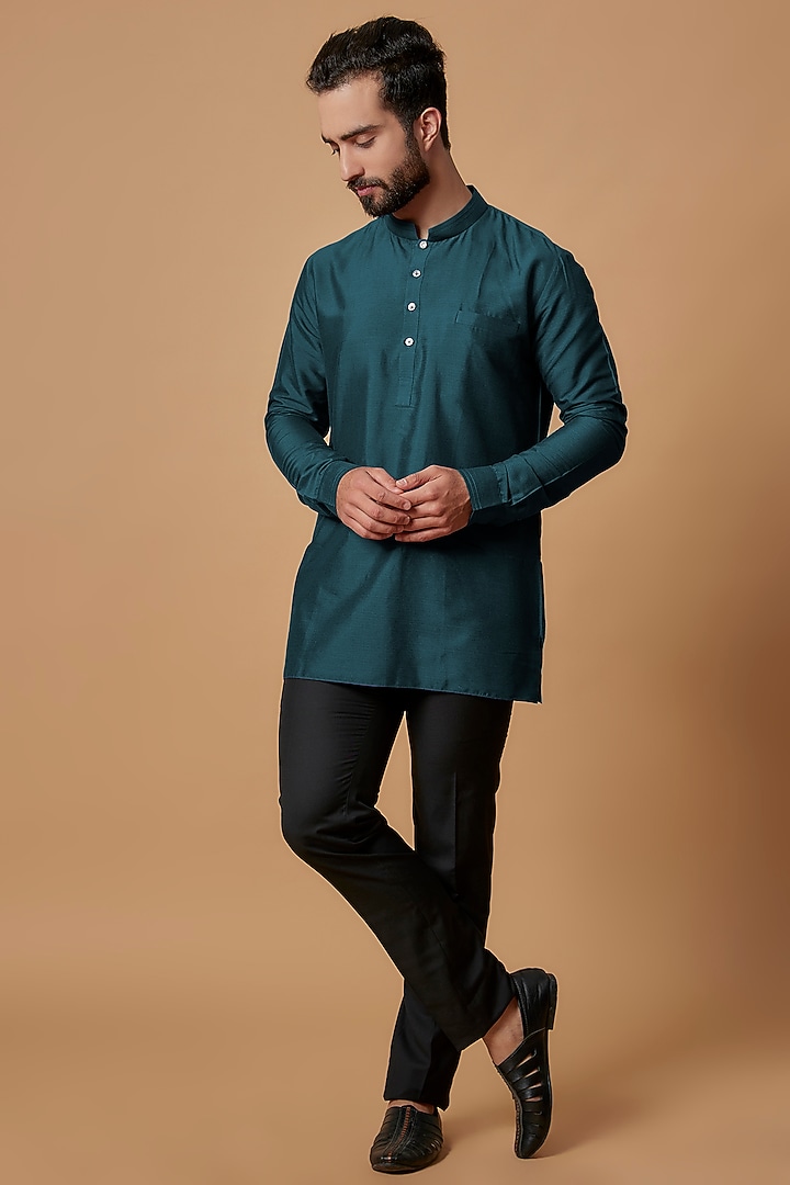 Teal Blue Cotton Silk Shirt Kurta by Bubber Couture at Pernia's Pop Up Shop
