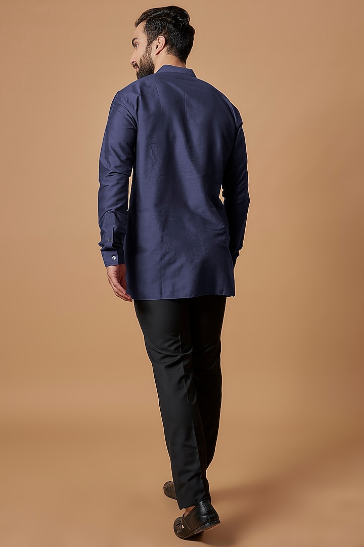 Navy Blue Cotton Silk Shirt Kurta by Bubber Couture at Pernia's Pop Up Shop