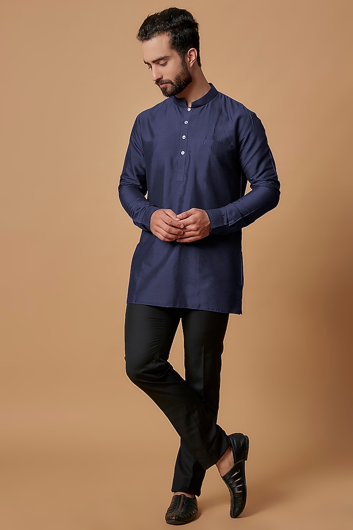 Navy Blue Cotton Silk Shirt Kurta by Bubber Couture at Pernia's Pop Up Shop