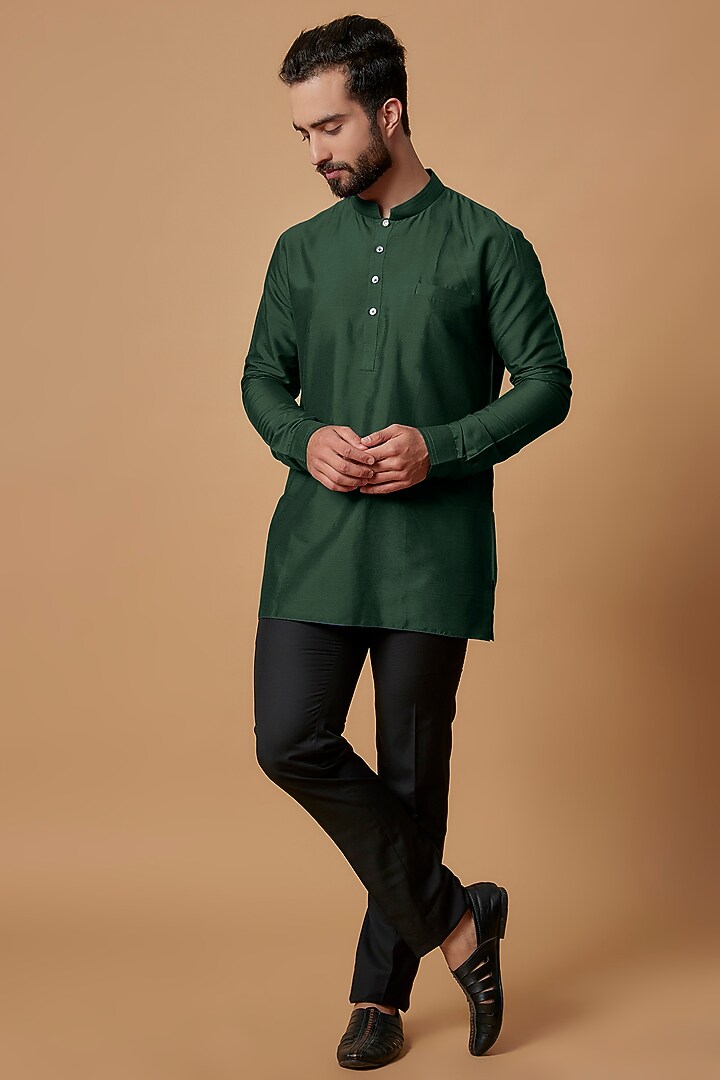Bottle Green Cotton Silk Shirt Kurta by Bubber Couture at Pernia's Pop Up Shop