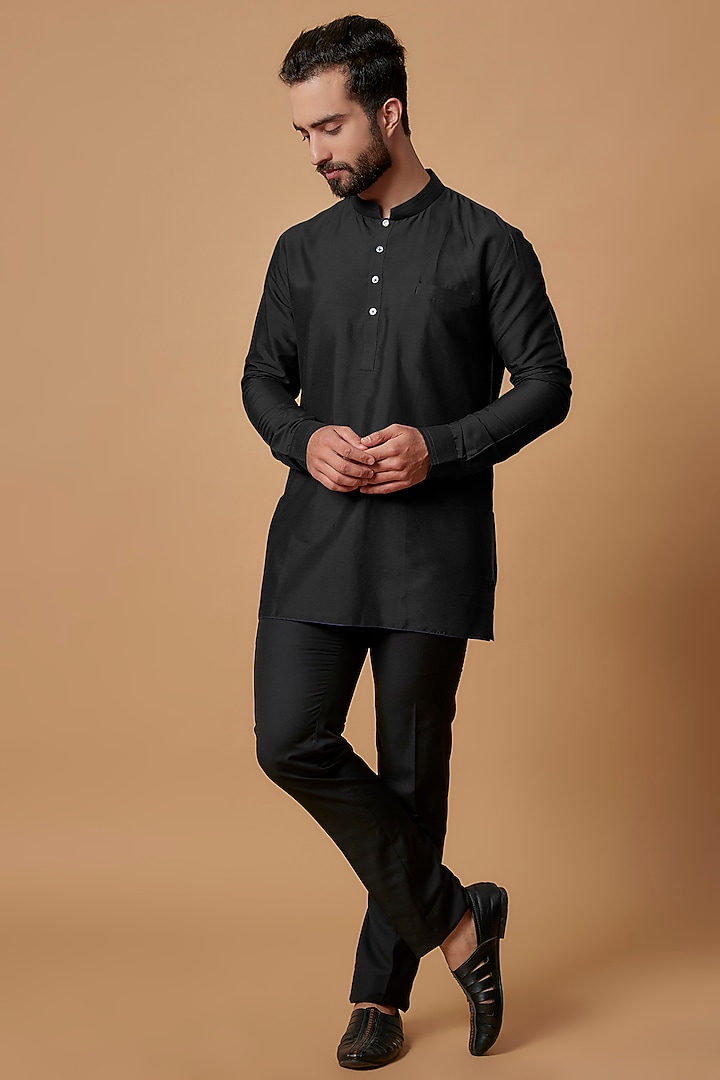 Black Cotton Silk Shirt Kurta by Bubber Couture at Pernia's Pop Up Shop