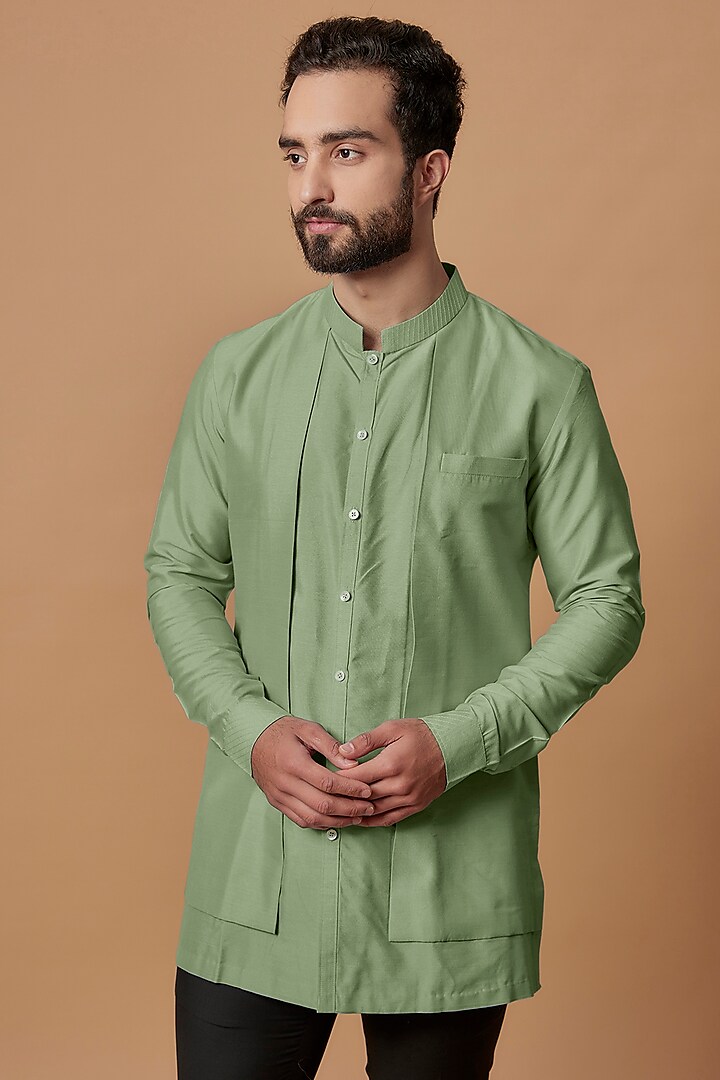 Pista Green Cotton Silk Layered Shirt Kurta by Bubber Couture