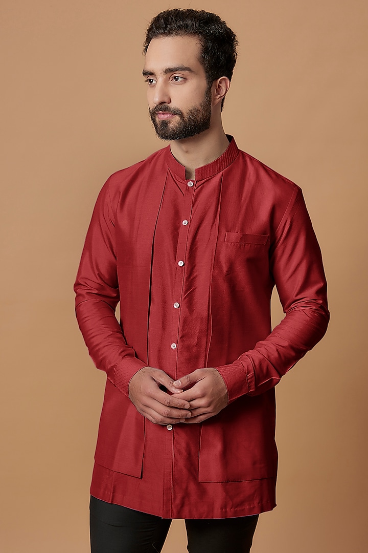 Red Cotton Silk Layered Shirt Kurta by Bubber Couture