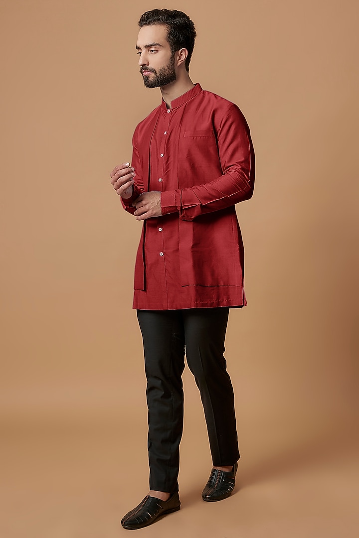 Red Cotton Silk Layered Shirt Kurta by Bubber Couture at Pernia's Pop Up Shop