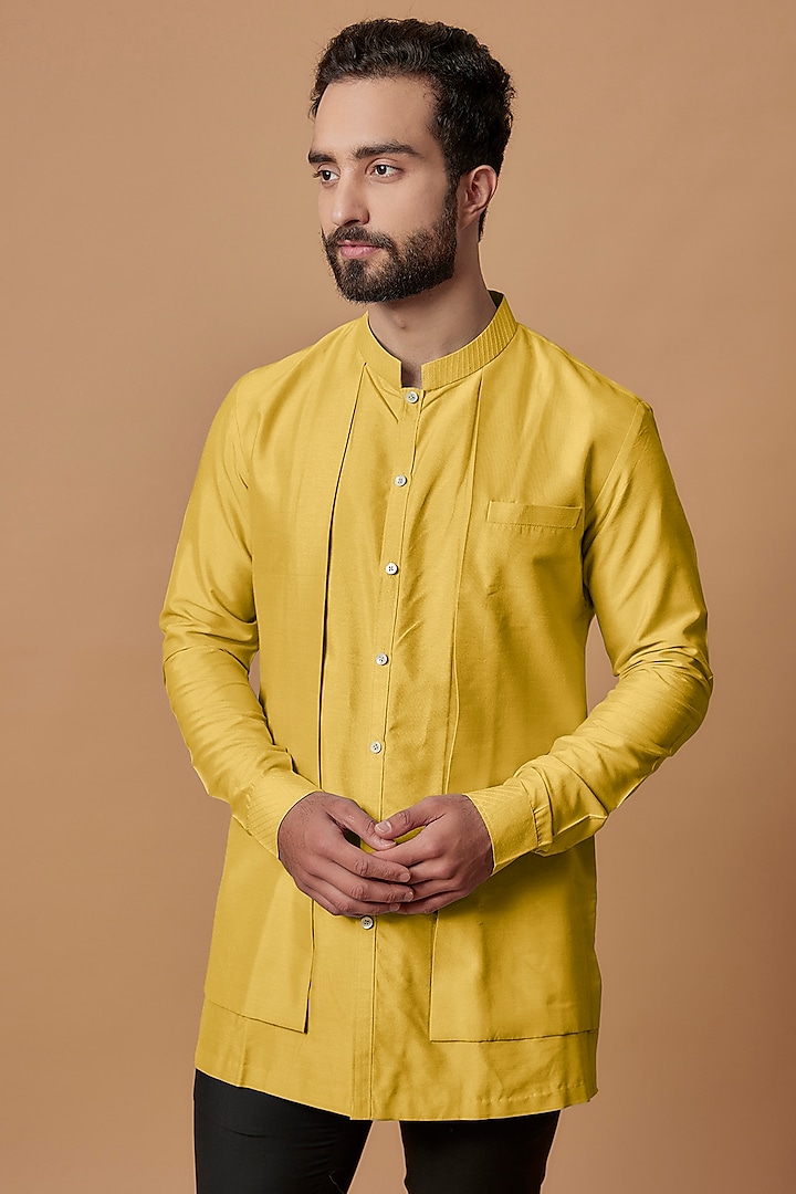 Yellow Cotton Silk Layered Shirt Kurta by Bubber Couture at Pernia's Pop Up Shop