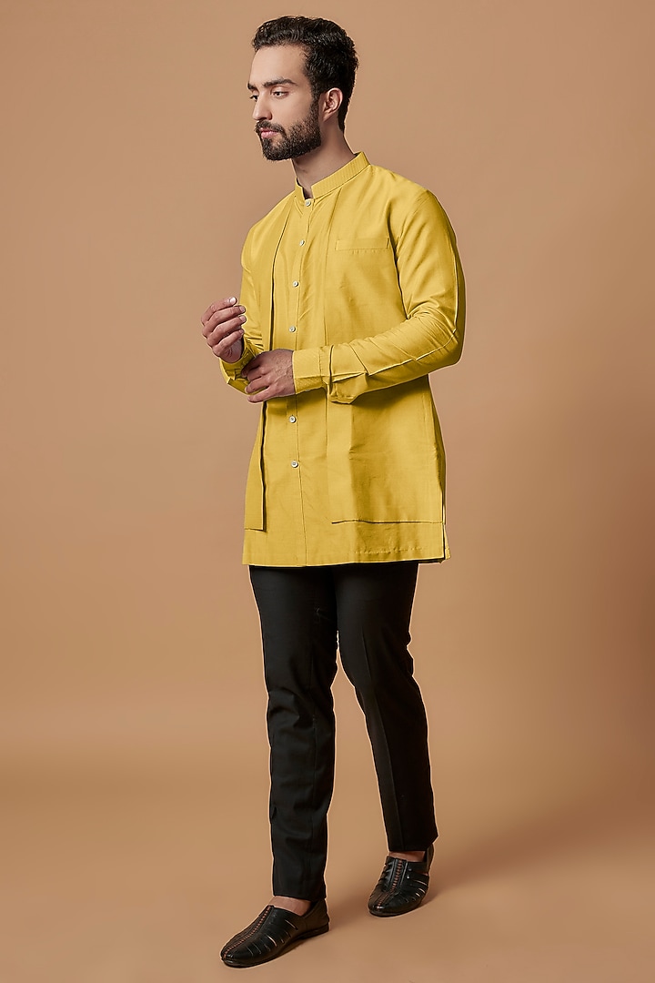 Yellow Cotton Silk Layered Shirt Kurta by Bubber Couture at Pernia's Pop Up Shop
