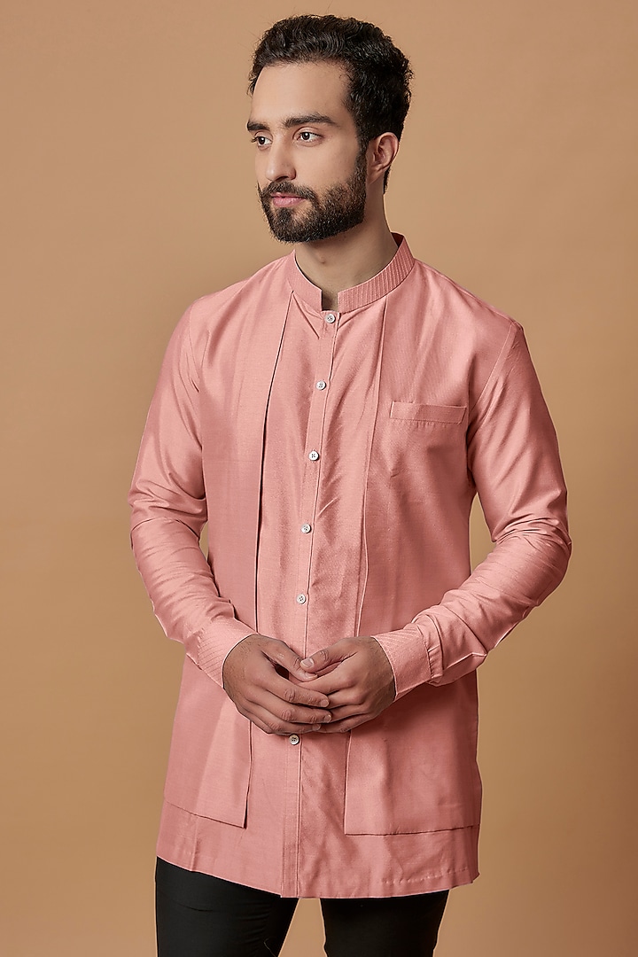 Salmon Pink Cotton Silk Layered Shirt Kurta by Bubber Couture at Pernia's Pop Up Shop