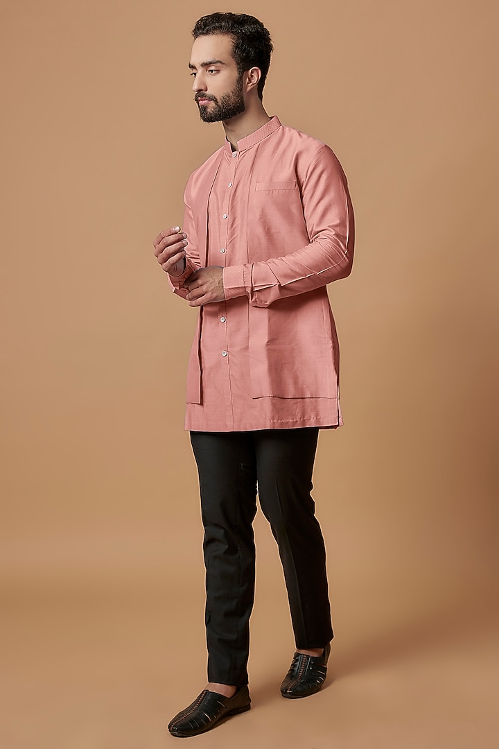 Salmon Pink Cotton Silk Layered Shirt Kurta by Bubber Couture at Pernia's Pop Up Shop