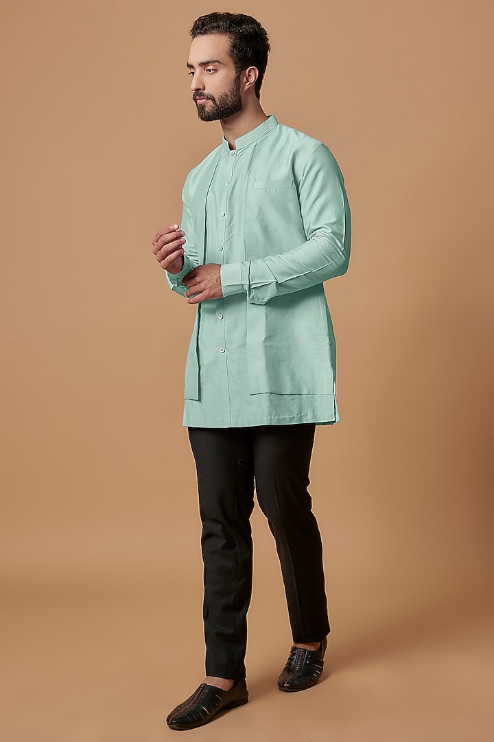Mint Cotton Silk Layered Shirt Kurta by Bubber Couture at Pernia's Pop Up Shop