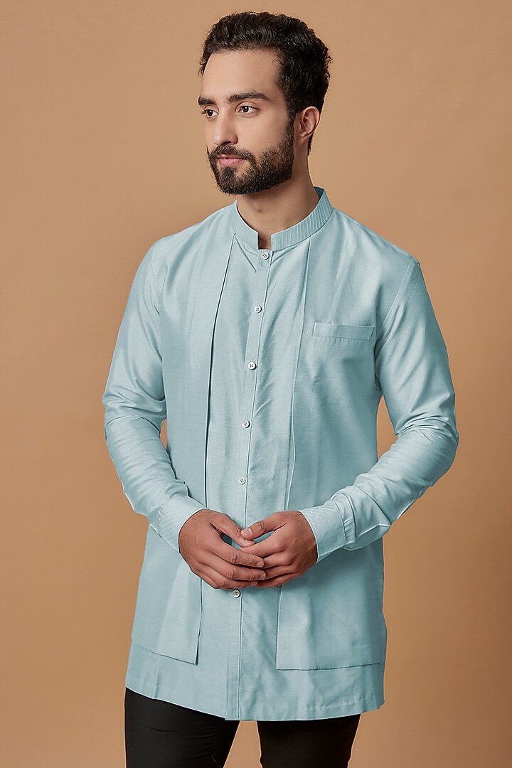 Sky Blue Cotton Silk Layered Shirt Kurta by Bubber Couture at Pernia's Pop Up Shop