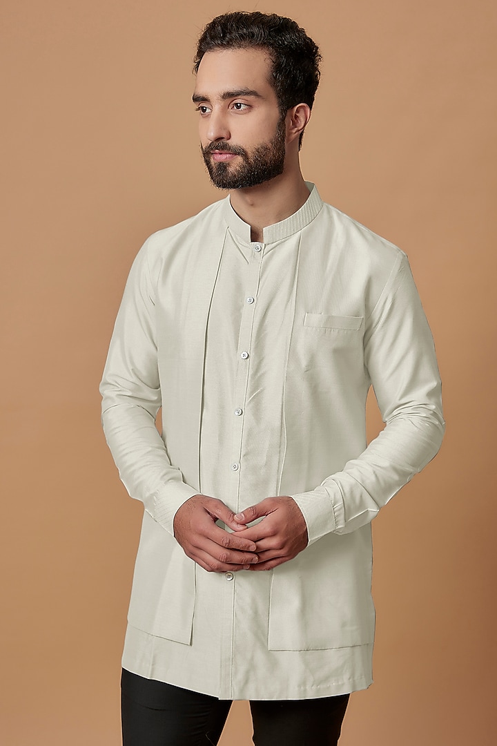 Off-White Cotton Silk Layered Shirt Kurta by Bubber Couture