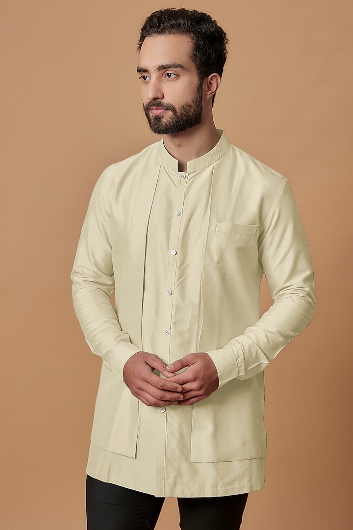 Beige Cotton Silk Layered Shirt Kurta by Bubber Couture