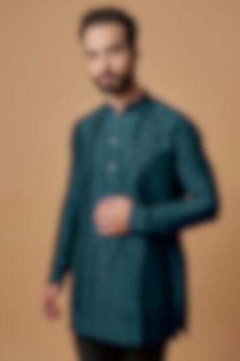 Teal Blue Cotton Silk Layered Shirt Kurta by Bubber Couture