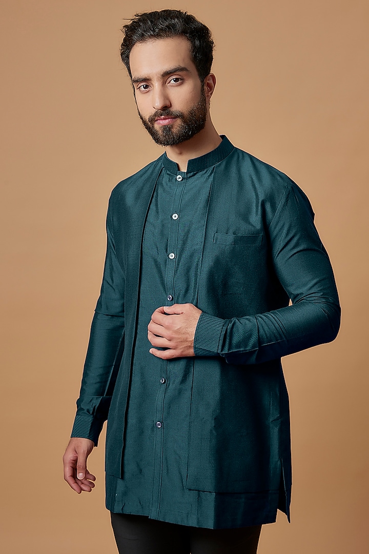 Teal Blue Cotton Silk Layered Shirt Kurta by Bubber Couture