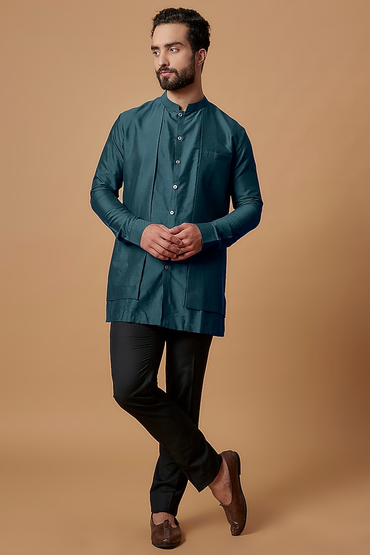 Teal Blue Cotton Silk Layered Shirt Kurta by Bubber Couture at Pernia's Pop Up Shop