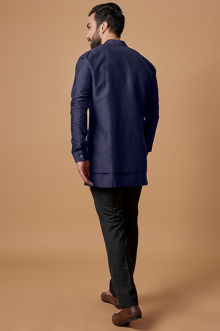 Navy Blue Cotton Silk Layered Shirt Kurta by Bubber Couture at Pernia's Pop Up Shop
