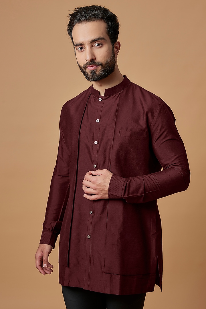 Maroon Cotton Silk Layered Shirt Kurta by Bubber Couture