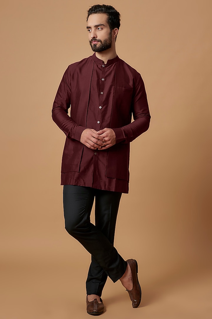 Maroon Cotton Silk Layered Shirt Kurta by Bubber Couture at Pernia's Pop Up Shop