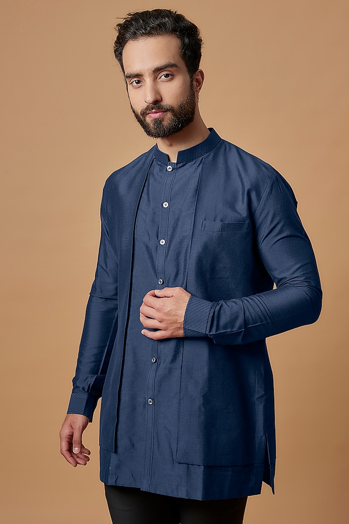 Sapphire Blue Cotton Silk Layered Shirt Kurta by Bubber Couture at Pernia's Pop Up Shop