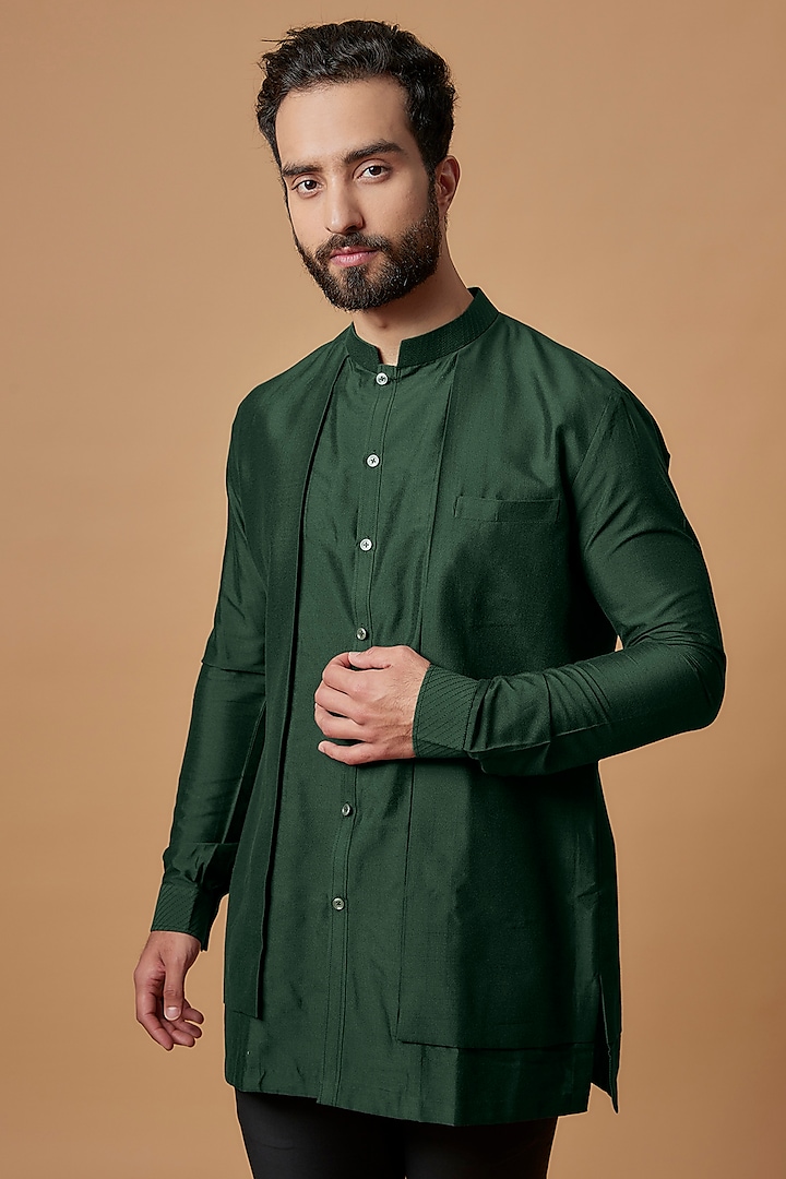 Bottle Green Cotton Silk Layered Shirt Kurta by Bubber Couture