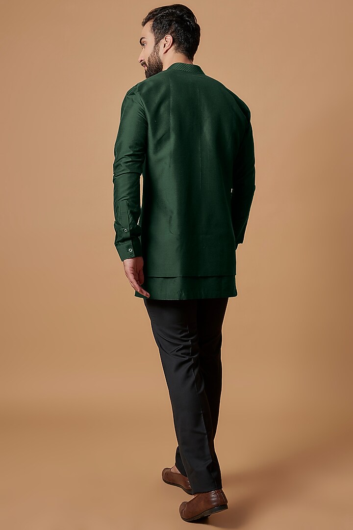 Bottle Green Cotton Silk Layered Shirt Kurta by Bubber Couture at Pernia's Pop Up Shop