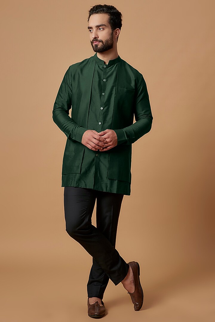 Bottle Green Cotton Silk Layered Shirt Kurta by Bubber Couture at Pernia's Pop Up Shop