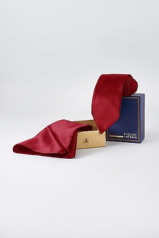 Red Satin Necktie With Pocket Square by Bubber Couture