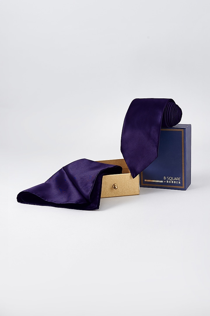 Purple Satin Necktie With Pocket Square by Bubber Couture