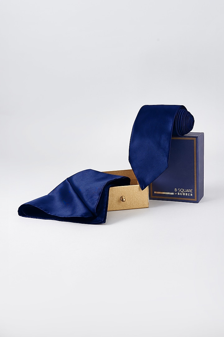 Navy Satin Necktie With Pocket Square by Bubber Couture