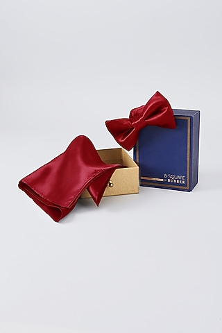 Red Satin Bowtie With Pocket Square by Bubber Couture