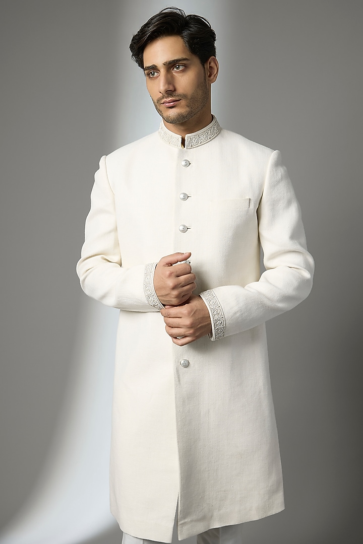 Off-White Matka Silk Zardosi Embroidered Groom Sherwani by Bubber Couture at Pernia's Pop Up Shop