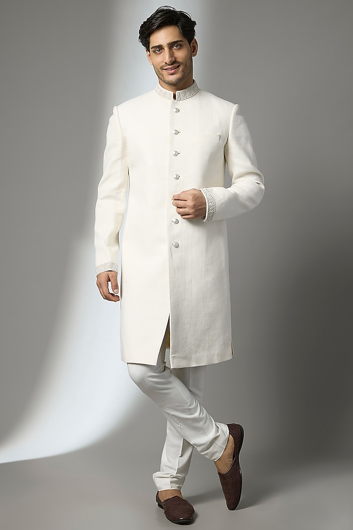 Off-White Matka Silk Zardosi Embroidered Groom Sherwani by Bubber Couture at Pernia's Pop Up Shop