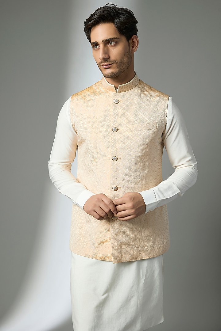 Gold & White Brocade Silk Bundi Jacket by Bubber Couture at Pernia's Pop Up Shop