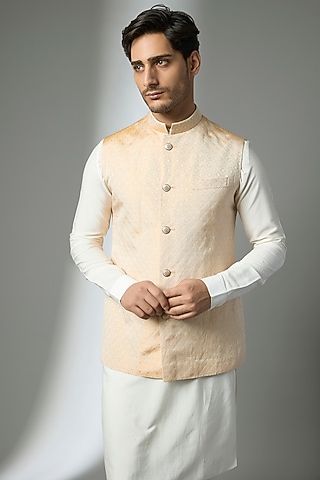 Gold & White Brocade Silk Bundi Jacket by Bubber Couture