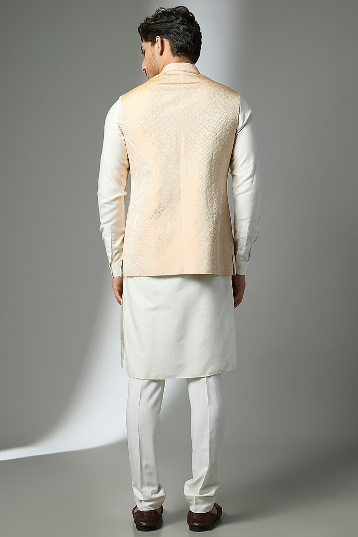 Gold & White Brocade Silk Bundi Jacket by Bubber Couture at Pernia's Pop Up Shop