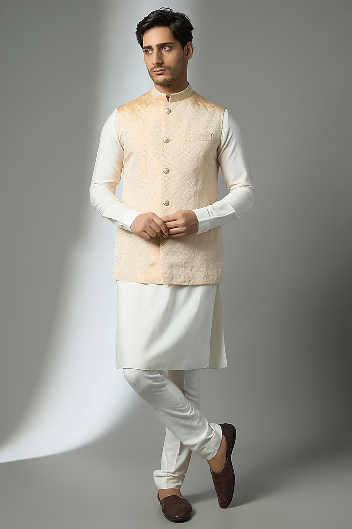 Gold & White Brocade Silk Bundi Jacket by Bubber Couture at Pernia's Pop Up Shop